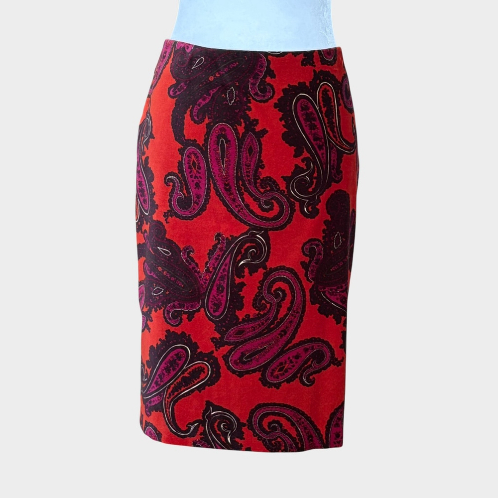 Talbots Red Black Paisley Velvet Pencil Skirt Size 8